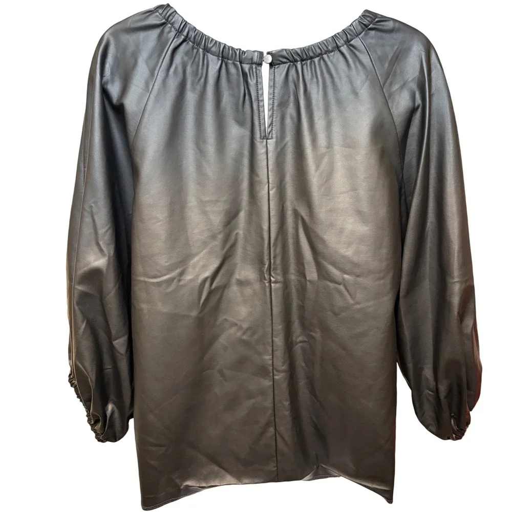 BANANA REPUBLIC Black Faux Leather Puff Sleeve Blouse Sz M Edgy Sleek Minimalist